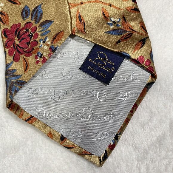Oscar de la Renta Couture Men's Silk Tie Gold Pink Floral Wedding Guest Easter - Picture 3 of 5